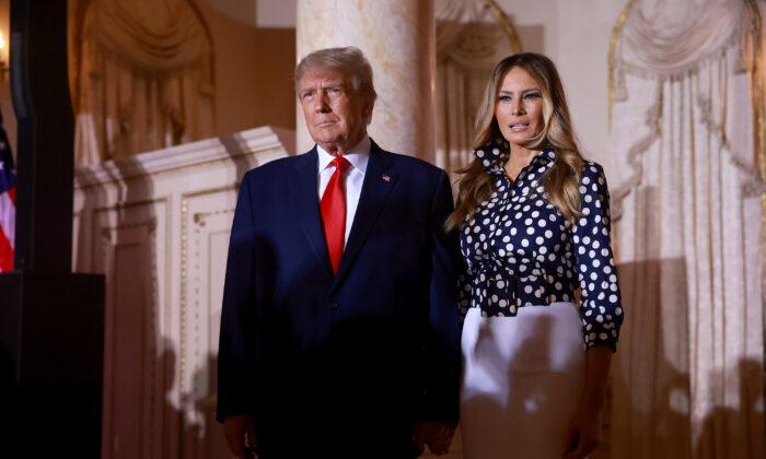Former President Donald Trump and former First Lady Melania Trump arrive for an event at his Mar-a-Lago home in Palm Beach, Fla., on Nov. 15, 2022. (Joe Raedle/Getty Images)