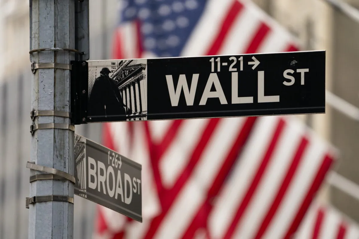 Street signs at the intersection of Wall and Broad Streets in lower Manhattan, N.Y., on Oct. 13, 2021. (John Minchillo/AP Photo)