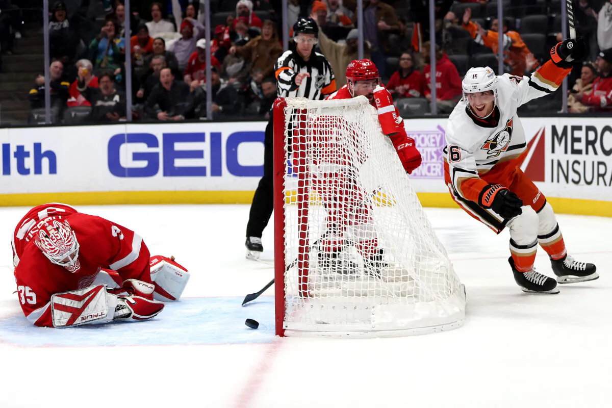 Ryan Strome (16) of the Anaheim Ducks scores the winning goal past Ville Husso (35) of the Detroit Red Wings during overtime of a game at Honda Center in Anaheim, Calif., on Nov. 15, 2022. (Sean M. Haffey/Getty Images)