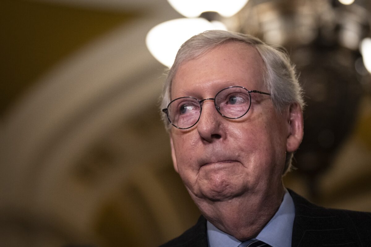 Senate Minority Leader Mitch McConnell (R-Ky.) speaks to reporters in Washington on Nov. 15, 2022. (Drew Angerer/Getty Images)