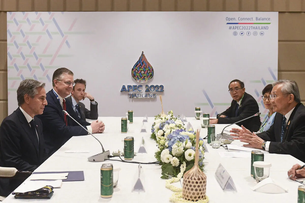U.S. State Secretary Antony Blinken (L) attends a bilateral meeting with Thailand's Deputy Prime Minister and Foreign Minister Don Pramudwinai (R) on the sidelines of the APEC summit, in Bangkok, on November 17, 2022. (Chalinee Thirasupa/AFP via Getty Images)