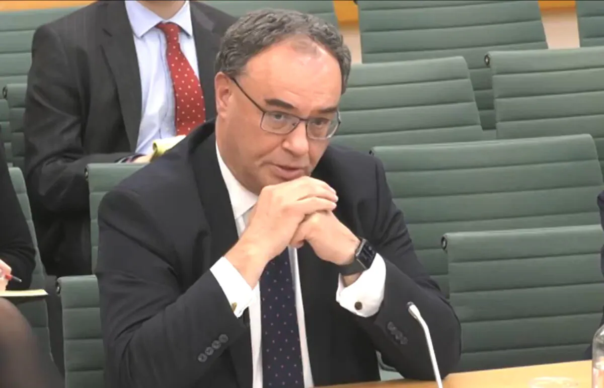 Screenshot from Parliament TV of Governor of the Bank of England Andrew Bailey speaking to the Treasury Select Committee on the bank's Monetary Policy Reports, at the Houses of Parliament, London, on Nov. 16, 2022. (Screenshot/House of Commons via PA Media)