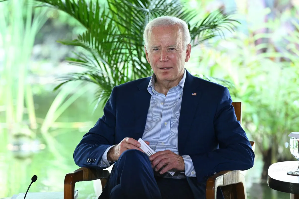 U.S. President Joe Biden attends a meeting with British Prime Minister Rishi Sunak on the sidelines of the G20 Summit in Nusa Dua on the Indonesian resort island of Bali, Nov. 16, 2022. (Saul Loeb/AFP via Getty Images)