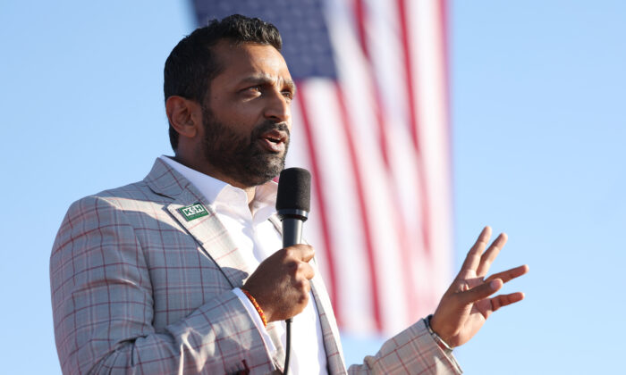 Former Chief of Staff to the Department of Defense Kash Patel speaks during a campaign rally at Minden-Tahoe Airport in Minden, Nevada, on Oct. 08, 2022. (Justin Sullivan/Getty Images)