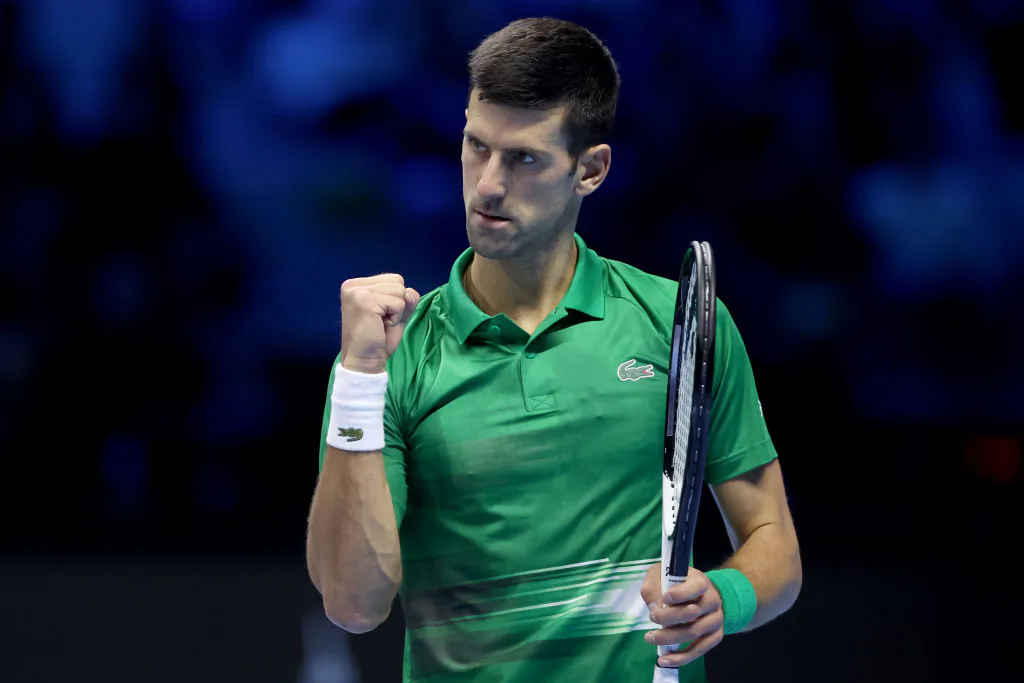 Novak Djokovic of Serbia celebrates while playing Andrey Rublev of Russia during round robin play on Day Four of the Nitto ATP Finals at Pala Alpitour in Turin, Italy, on Nov. 16, 2022. (Matthew Stockman/Getty Images)