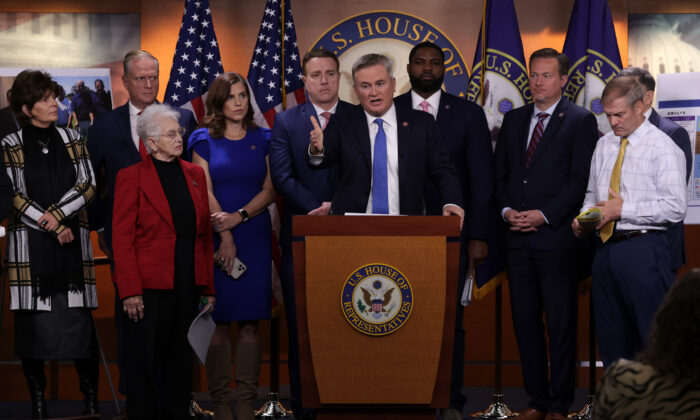 Flanked by House Republicans, U.S. Rep. James Comer (R-Ky.) speaks during a news conference at the U.S. Capitol in Washington on Nov. 17, 2022. (Alex Wong/Getty Images)