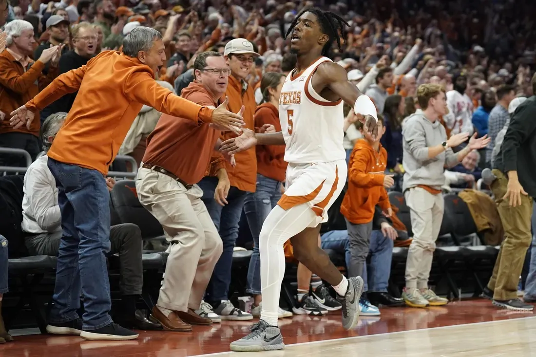 Texas Longhorns guard Marcus Carr (5) interacts with fans after scoring a three point basket in the second half against the Gonzaga Bulldogs at Moody Center in Austin, Texas, on Nov. 16, 2022. (Scott Wachter/USA TODAY Sports via Field Level Media)