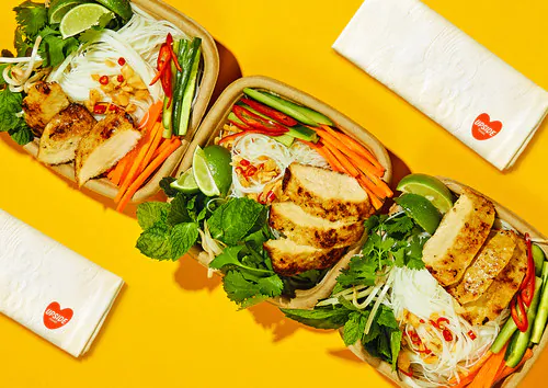 Noodle bowl with UPSIDE Chicken. (Upside Foods)