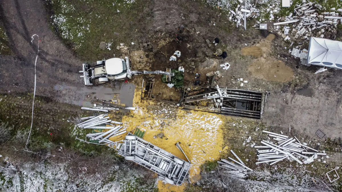 Aerial view taken on Nov. 17, 2022, showing the site where a missile strike killed two men in the eastern Poland village of Przewodow, near the border with war-ravaged Ukraine on Nov. 15, 2022. (Wojtek Radwanski and Damien Simonart/AFP)