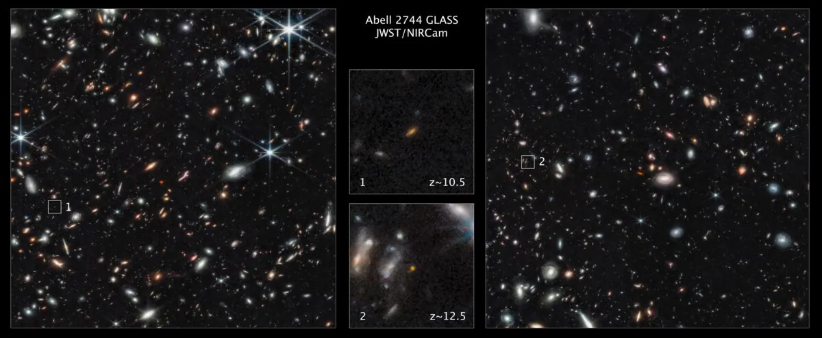 Two of the farthest galaxies seen to date captured by the James Webb Space Telescope in the outer regions of the giant galaxy cluster Abell 2744 in this image made available by the Space Telescope Science Institute on Nov. 17, 2022. (NASA, ESA, CSA, Tommaso Treu (UCLA), Zolt G. Levay (STScI) via AP)