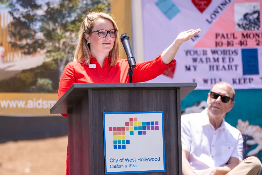 Then West Hollywood Mayor Lindsey P. Horvath in a file photo in West Hollywood, Calif., on June 5, 2021. (Emma McIntyre/Getty Images for Foundation for the AIDS Monument)