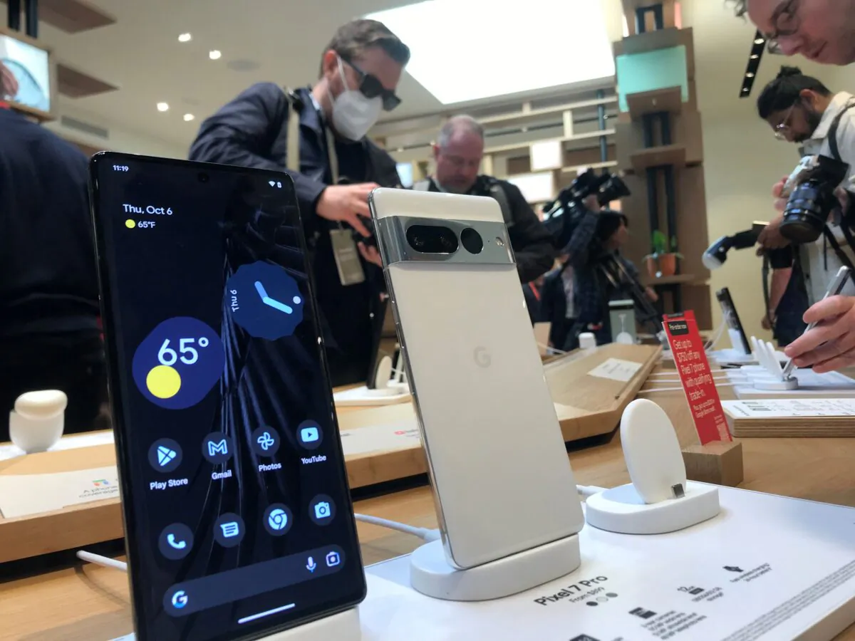 The Google Pixel 7 Pro phone is displayed at its launch in New York City on Oct. 6, 2022. (Thomas Urbain/AFP via Getty Images)