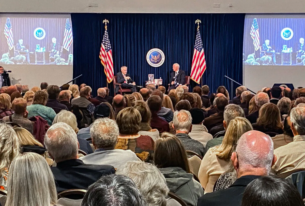 Former Vice President Mike Pence promotes his new book at the Ronald Reagan Presidential Library in Simi Valley, Calif., on Nov. 17, 2022.(Jill McLaughlin/The Epoch Times)