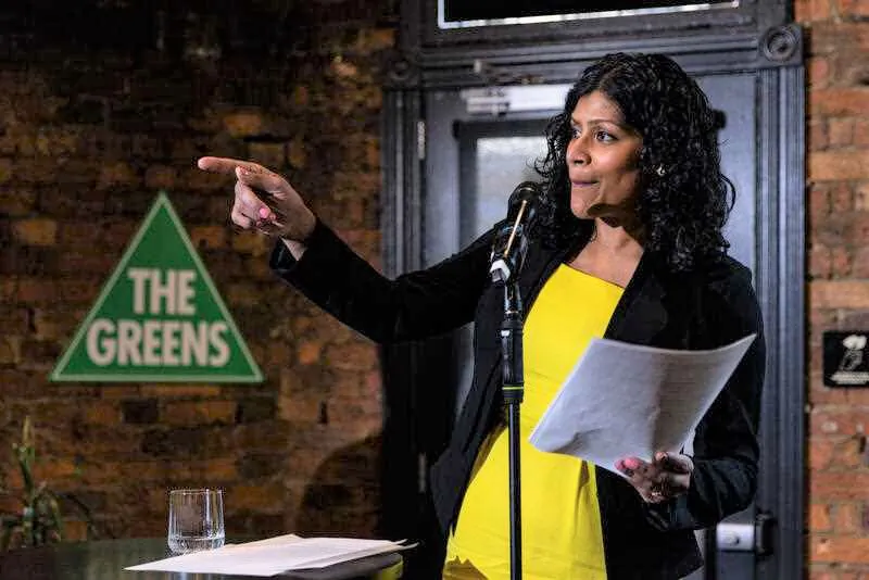 Leader of the Greens Samantha Ratnam addresses the crowd during the Victorian Greens campaign launch in Melbourne, Australia on Nov. 16, 2022. Victorians go to the polls on Nov. 26. (AAP Image/Diego Fedele)