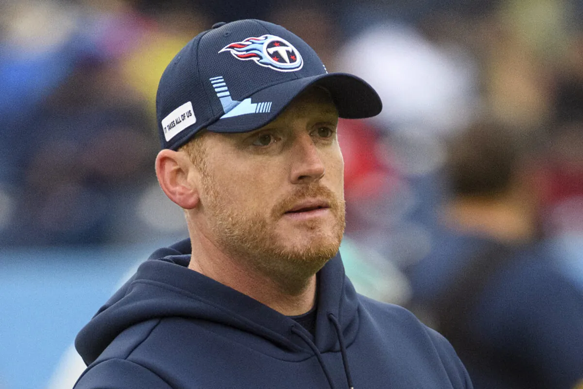 Tennessee Titans offensive coordinator Todd Downing watches during warm ups before an NFL football game against the Miami Dolphins in Nashville, Tenn., on Jan. 2, 2022. (John Amis/AP Photo)