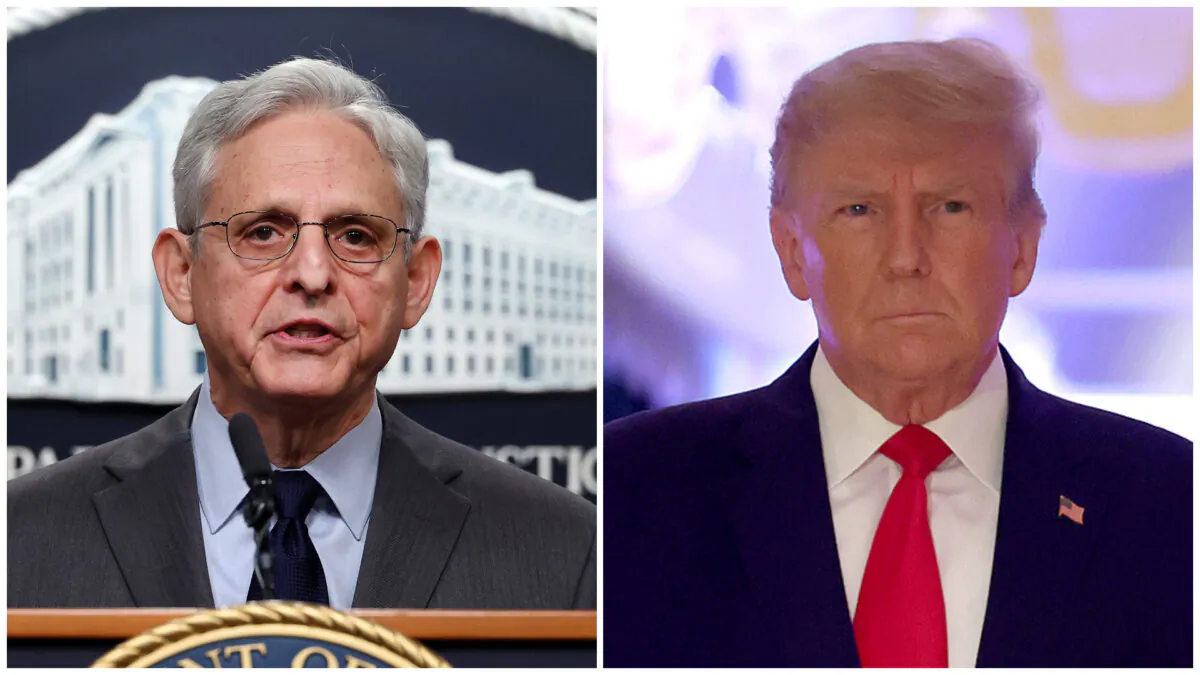 (Left) Attorney General Merrick Garland speaks at a press conference at the U.S. Department of Justice in Washington on Oct. 24, 2022. (Kevin Dietsch/Getty Images); (Right) Former President Donald Trump  at an event at his Mar-a-Lago home in Palm Beach, Fla., on Nov. 15, 2022. (Joe Raedle/Getty Images)