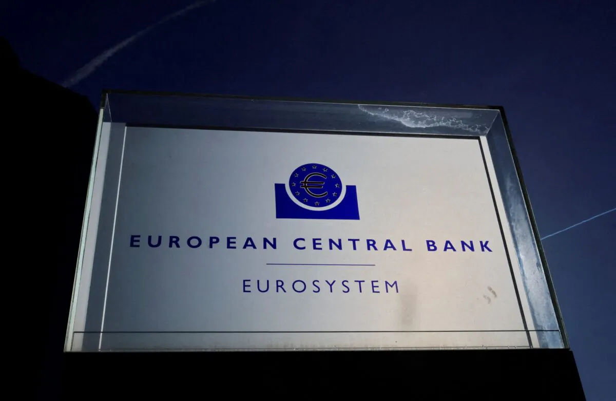 A sign outside the European Central Bank building in Frankfurt, Germany, on Oct. 27, 2022. (Wolfgang Rattay/Reuters)