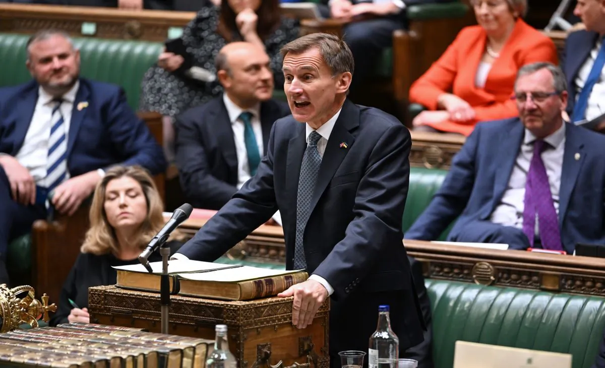The Chancellor of the Exchequer, Jeremy Hunt, delivers his autumn statement in the House of Commons in London on Nov. 17, 2022. (Jessica Taylor/UK Parliament via PA)