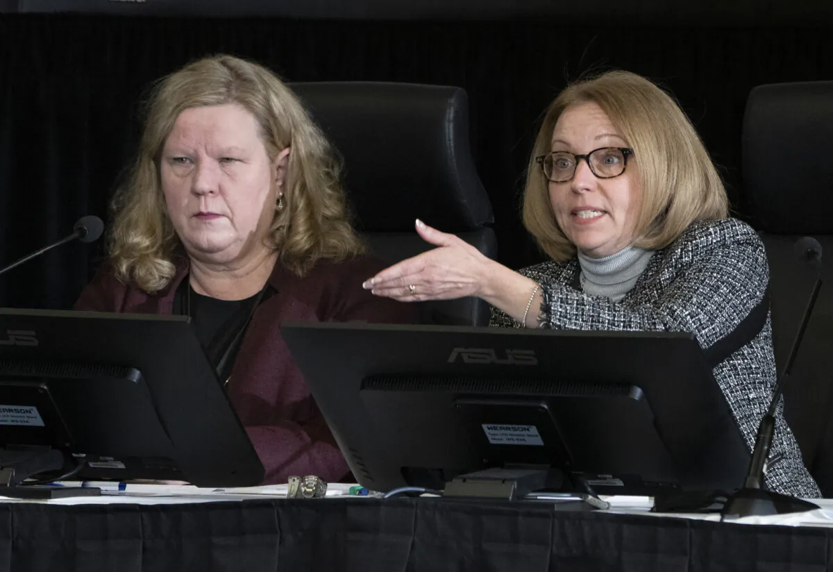 Clerk of the Privy Council Janice Charette (L) looks on as Deputy Clerk Nathalie Drouin responds to a question from counsel as they appear as witnesses at the Public Order Emergency Commission in Ottawa on Nov. 18, 2022. (Adrian Wyld/The Canadian Press)