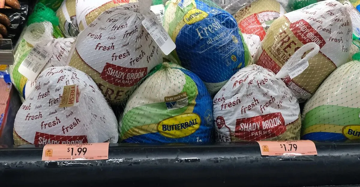 Frozen turkeys on display in a grocery store on Nov. 14, 2022. The price of turkeys is at record highs this year. (Spencer Platt/Getty Images)
