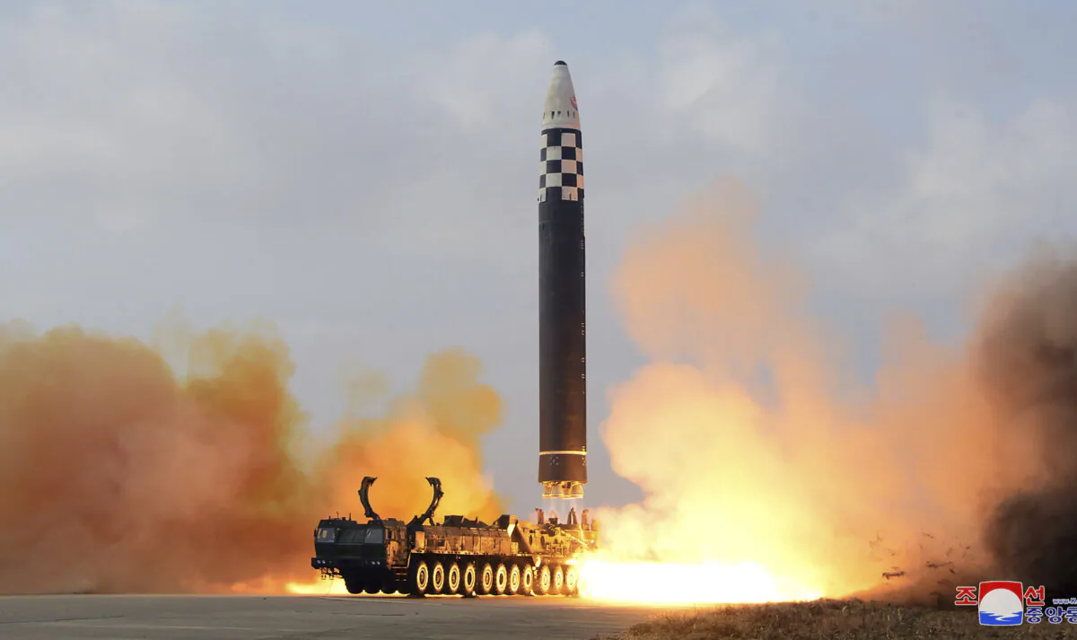The test-firing of a missile at Pyongyang International Airport in Pyongyang, North Korea, on Nov. 18, 2022, in a photo provided by the North Korean regime on Nov. 19, 2022. (Korean Central News Agency/Korea News Service via AP)