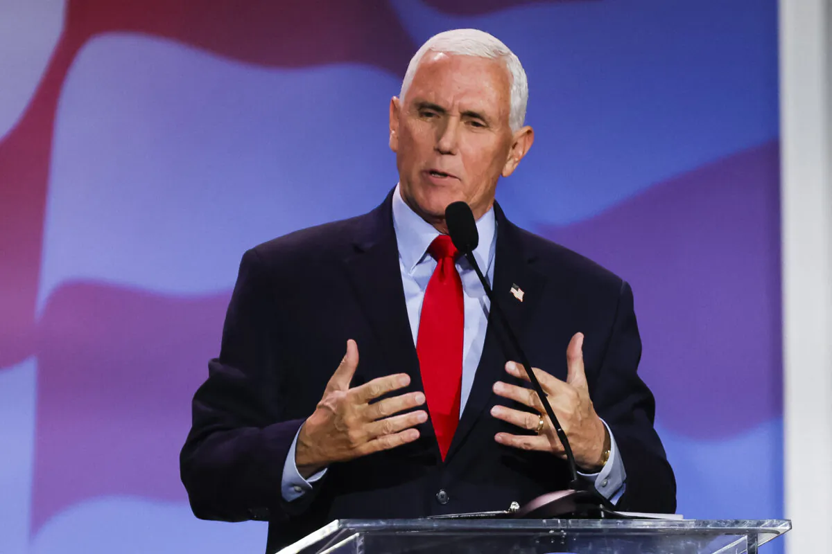 Former Vice President Mike Pence gestures as he speaks during a Republican Jewish Coalition Annual Leadership Meeting in Las Vegas on Nov. 18, 2022. (Wade Vandervort/AFP via Getty Images)