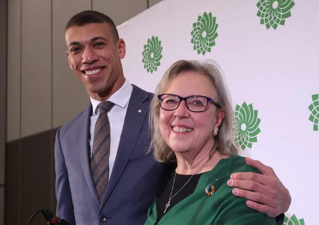 Green Party co-leaders Jonathan Pedneault and Elizabeth May pose for a photo in Ottawa on Nov. 19, 2022. (The Canadian Press/ Patrick Doyle)
