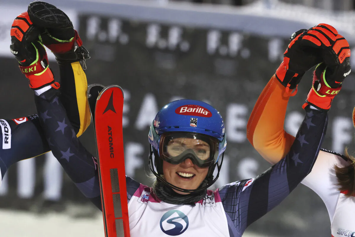 Winner Mikaela Shiffrin of the United States celebrates after completing an alpine ski, women’s World Cup slalom, in Levi, Finland, on Nov. 19, 2022. (Alessandro Trovati/AP Photo)