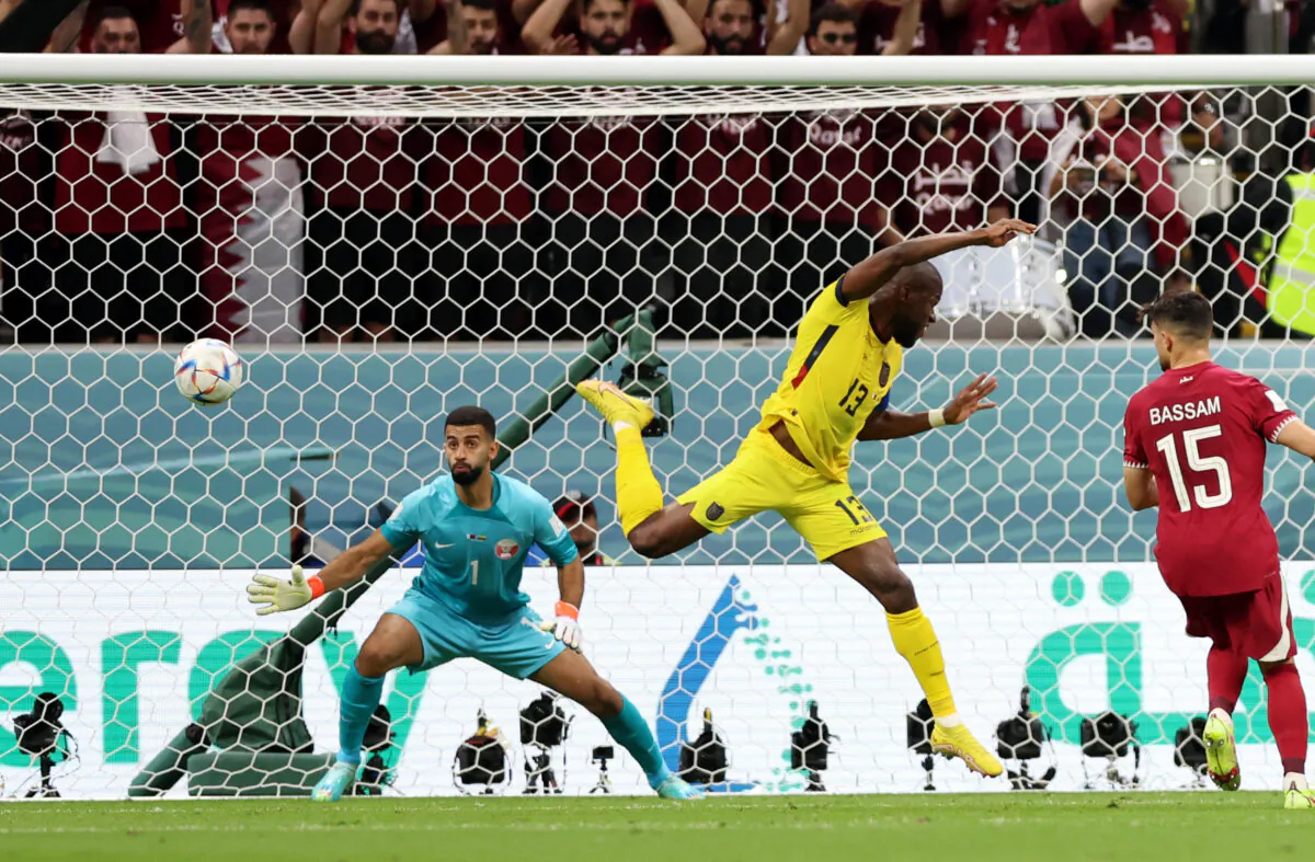 Ecuador's Enner Valencia scores their second goal during the FIFA World Cup Qatar 2022 Group A match between Qatar and Ecuador at Al Bayt Stadium in Al Khor, Qatar, on Nov. 20, 2022. (Matthew Childs/Reuters)