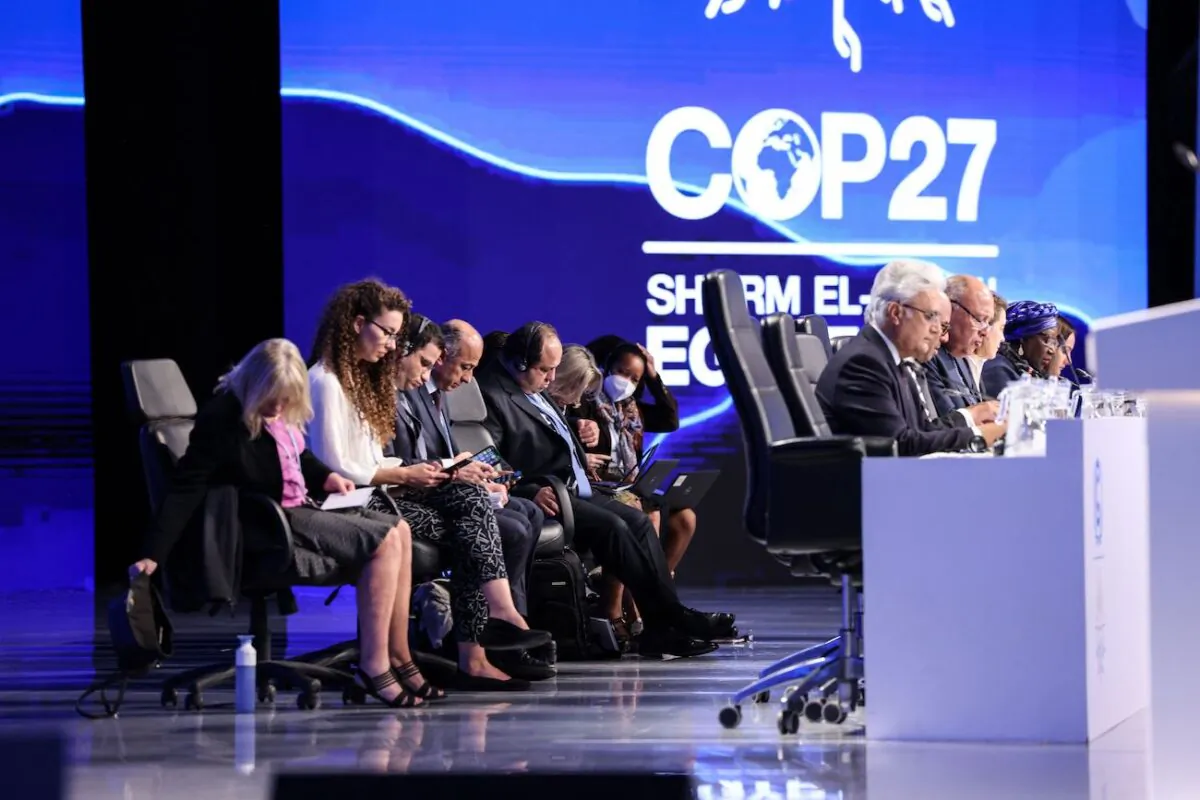 Egypt's Foreign Minister Sameh Shukri, heads the closing session of the COP27 climate conference, at the Sharm el-Sheikh International Convention Centre in Egypt's Red Sea resort city of the same name, on Nov. 20, 2022. (Joseph Eid/AFP via Getty Images)