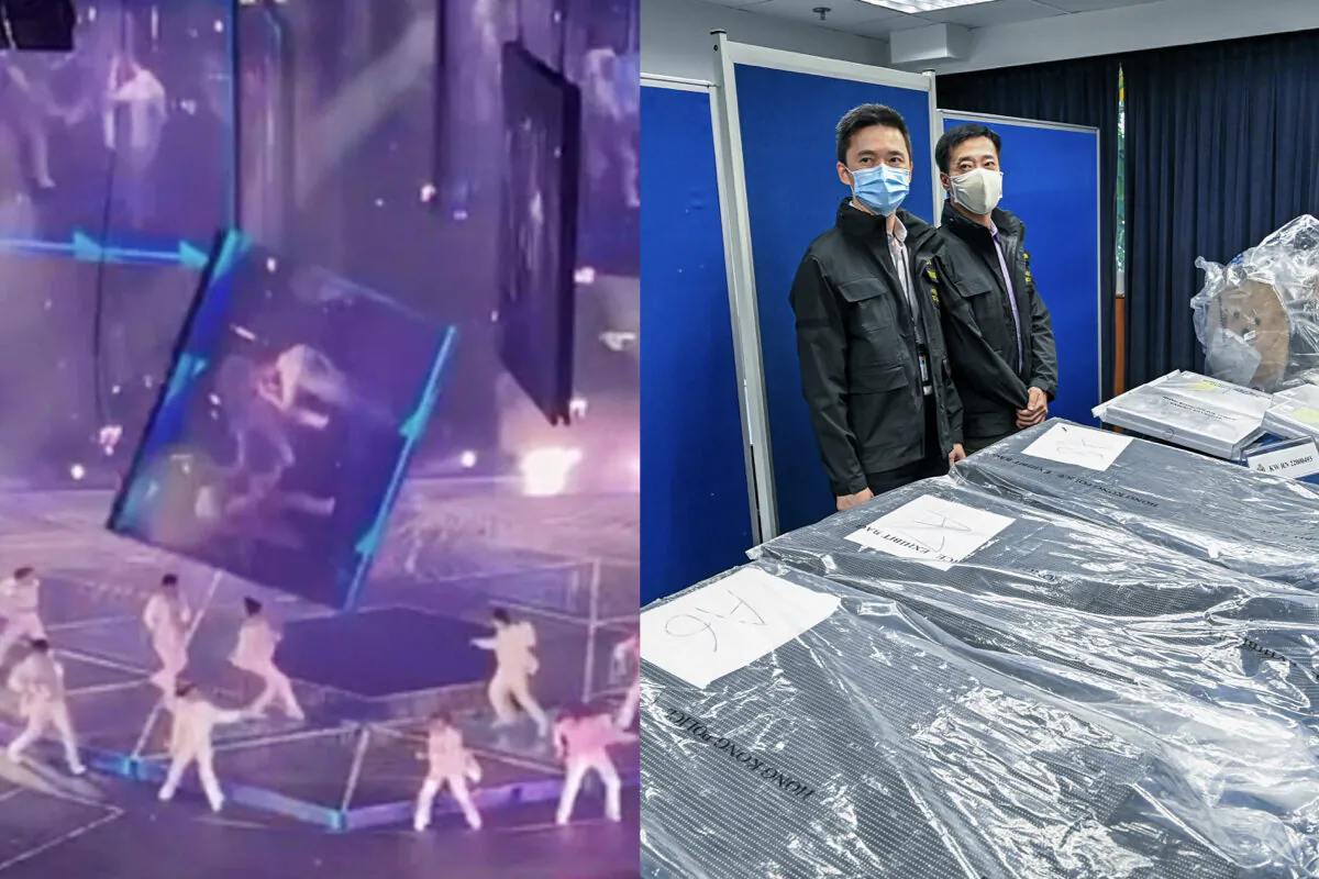 L: Video captured the moment when the TV screen fell and stroke the dancers during a concert by popular Hong Kong boy band MIRROR on Jul 28, 2022. (Big Mack/The Epoch Times) R:On November 11, 2022, the Hong Kong police explained the latest investigation progress. (Sung Pi-Lung/The Epoch Times)