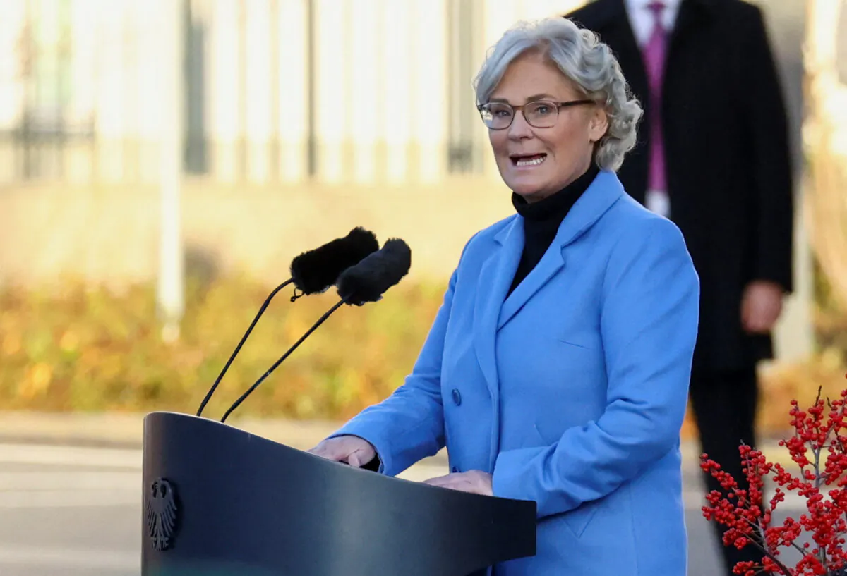 German Defense Minister Christine Lambrecht delivers a speech during a swearing-in ceremony for new recruits at the Bendlerblock, the German Ministry of Defense in Berlin on Nov. 12, 2022. (Christian Mang/Reuters)