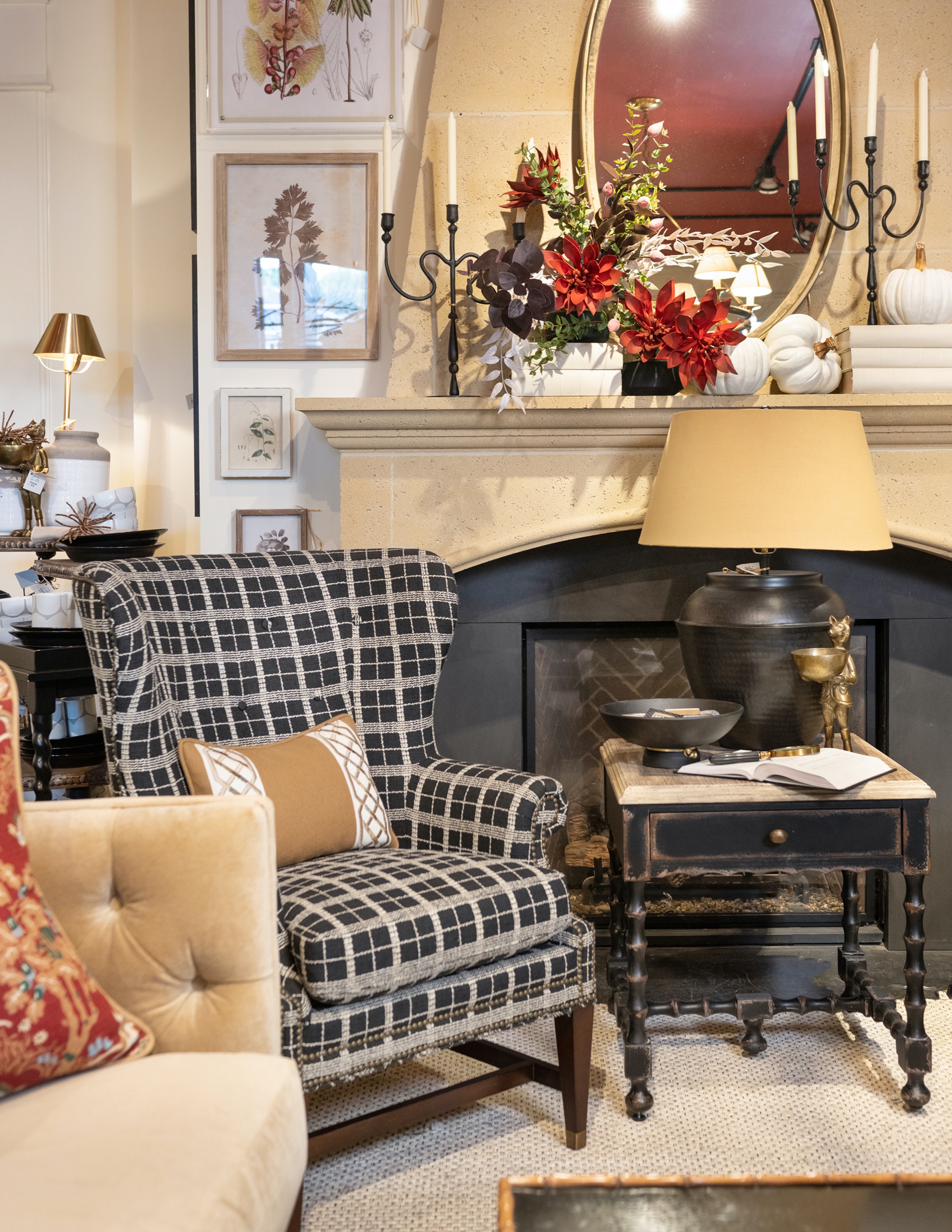 This black and white checkered plaid is a striking addition to a neutral living room.