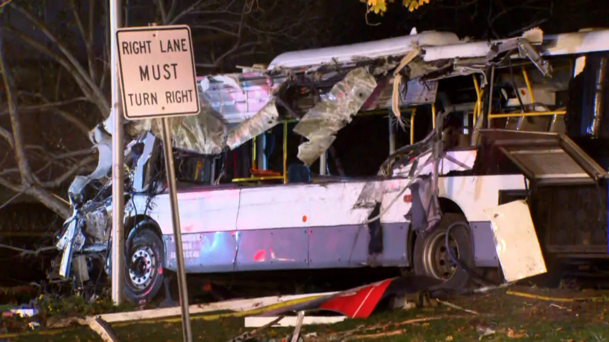A bus after crashing in Waltham, Mass., on Nov. 19, 2022. (Courtesy of WBZ)
