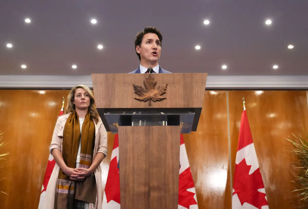 Prime Minister Justin Trudeau and Foreign Affairs Minister Melanie Joly hold a press conference following their participation in the Francophonie Summit in Djerba, Tunisia, on Nov. 20, 2022. (The Canadian Press/Sean Kilpatrick) 