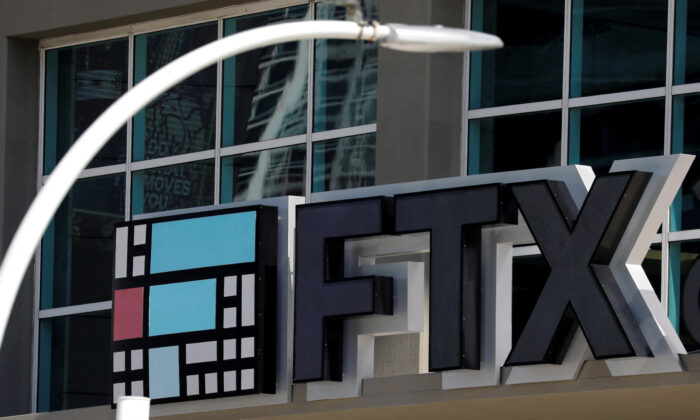 The logo of FTX at the entrance of the FTX Arena in Miami on Nov. 12, 2022. (Marco Bello/Reuters)