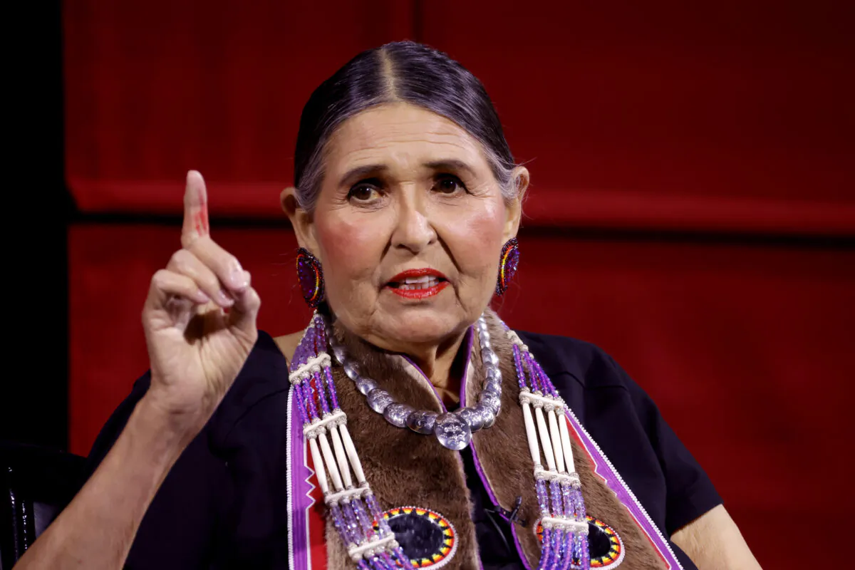 Sacheen Littlefeather (born Marie Louise Cruz, 1946–2022) on stage at AMPAS Presents "An Evening with Sacheen Littlefeather" at the Academy Museum of Motion Pictures in Los Angeles, Calif., on Sept. 17, 2022 (Frazer Harrison/Getty Images)