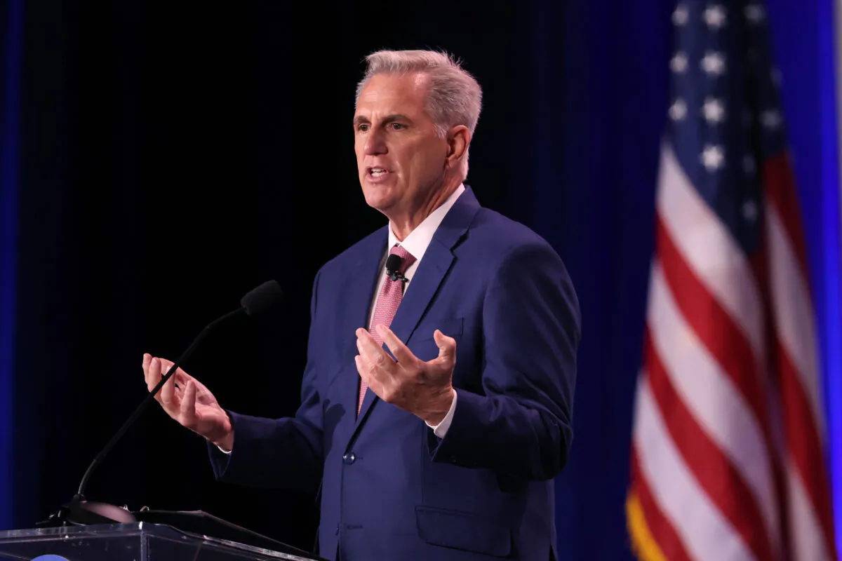 House Minority Leader Kevin McCarthy speaks at the Republican Jewish Coalition annual leadership meeting in Las Vegas, Nevada on November 19, 2022. (Scott Olson/Getty Images)