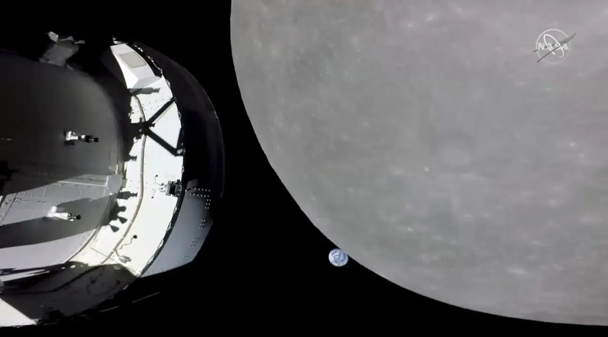 NASA's Orion capsule, (L), nearing the moon, (R), on Nov. 21, 2022. (NASA via AP)
