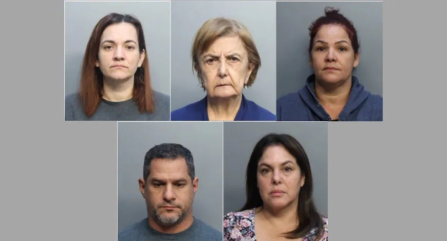 Booking photos of (top left to right) Marglli Gallego, Myriam Arango Rodgers, Yoleidis Lopez Garcia, and (bottom from left) Jose Antonio Gonzalez and Monica Isabel Ghilardi. The current and former board members of Hammocks Community Association and associate, have been charged, Tuesday, Nov. 15, 2022, with stealing more than $2 million of residents' money. (Miami-Dade Corrections and Rehabilitation)
