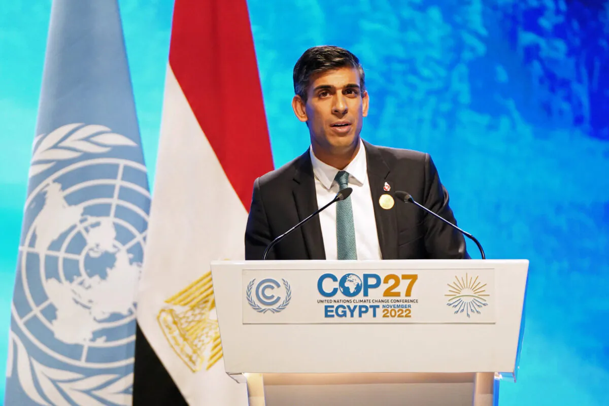 British Prime Minister Rishi Sunak addresses delegates during the COP27 climate conference in Sharm El Sheikh, Egypt, on Nov. 7, 2022. (Stefan Rousseau - Pool/Getty Images)