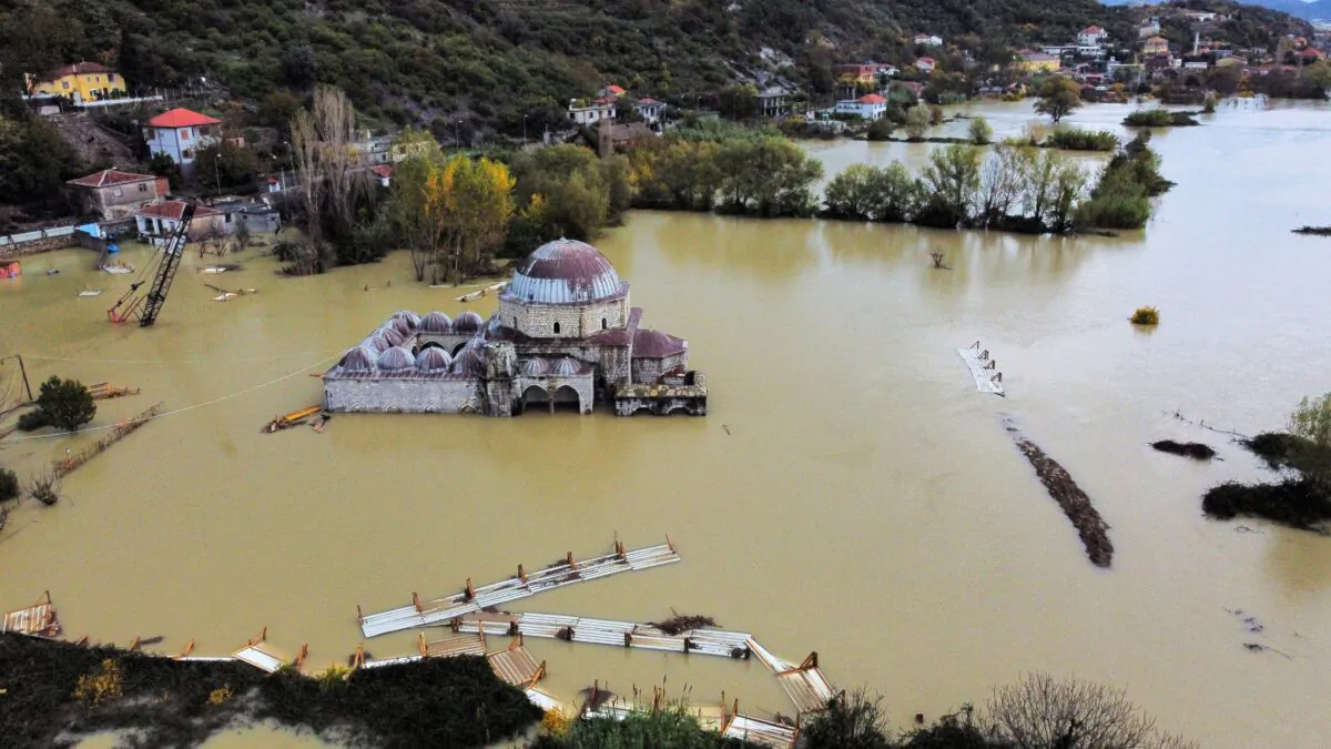 Flood waters surround The Lead Mosque following heavy rains in Shkodra, Albania, on Nov. 21, 2022. (Florion Goga/Reuters)