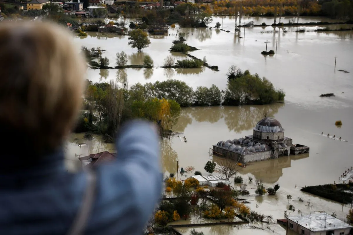 Flood waters surround The Lead Mosque following heavy rains in Shkodra, Albania, on Nov. 21, 2022. (Florion Goga/Reuters)