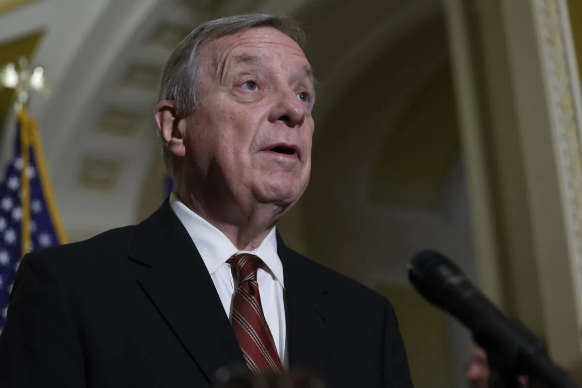 Sen. Dick Durbin (D-Ill.) speaks to reporters in Washington on Sept. 28, 2022. (Anna Moneymaker/Getty Images)