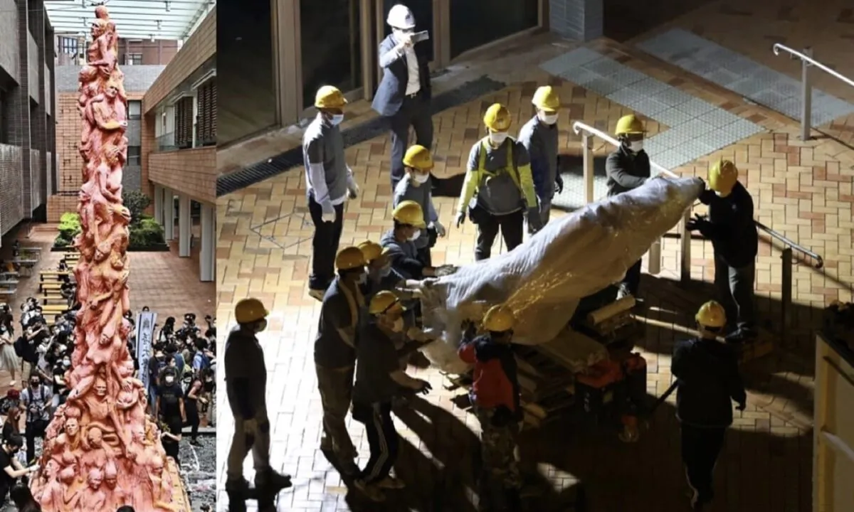 Left: On June 4, 2021, the Student Union of University of Hong Kong (HKUSU), in accordance with tradition, cleaned the “Pillar of Shame” on campus, offered flowers and a moment of silence to the victims of June 4. (Sung Pi-lung/The Epoch Times). Right: on the evening of Dec. 22, 2021, the Pillar was disassembled and taken away by HKU contractors. (Li Chen/The Epoch Times))