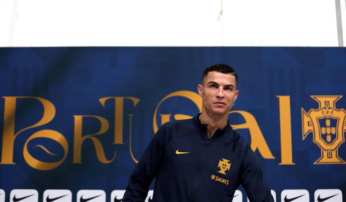 Portugal's Cristiano Ronaldo during the press conference, at Al Shahaniya SC Training Facilities, Al-Shahaniya, Qatar, during the Qatar 2022 World Cup football tournament, on Nov. 21, 2022. (Pedro Nunes/Reuters)