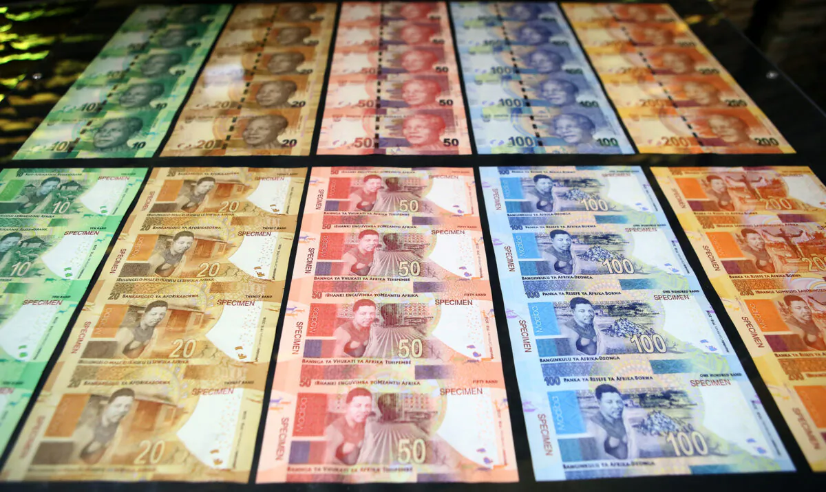 New South African banknotes at the value of 10, 20, 50, 100 and 200 rand depicting former South African president Nelson Mandela are displayed at the the South African Reserve Bank (SARB) on July 13, 2018, in Pretoria, South Africa. (Phill Magakoe /AFP via Getty Images)
