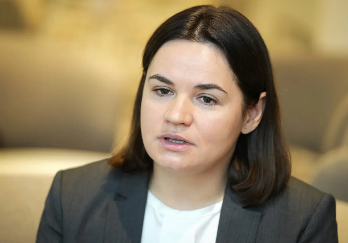 Belarus exiled opposition leader Sviatlana Tsikhanouskaya speaks during her interview with Associated Press in Tallinn, Estonia, Oct. 25, 2022. (AP Photo)