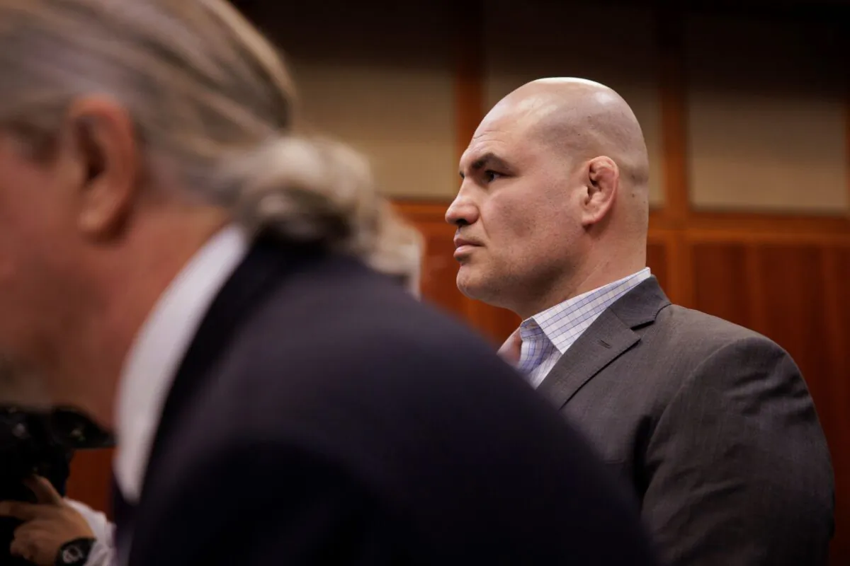 Cain Velasquez (R) appears for his arraignment with attorney Edward Sousa, who appeared with him, at the Santa Clara County Hall of Justice in San Jose, Calif., on Nov. 21, 2022. (Dai Sugano/Bay Area News Group via AP, Pool)