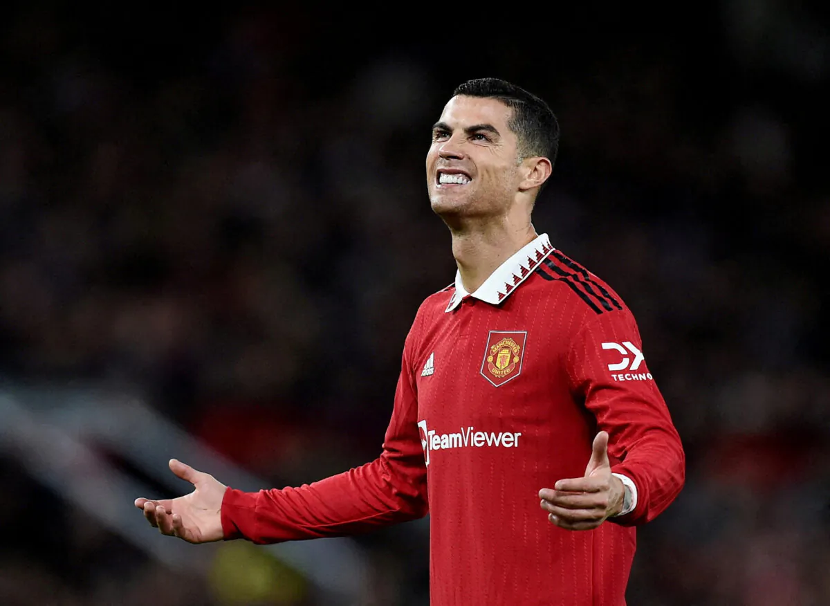Manchester United's Cristiano Ronaldo reacts during the Premier League match between Manchester United and West Ham United at Old Trafford in Manchester, England, on Oct. 30, 2022. (Peter Powell/Reuters)
